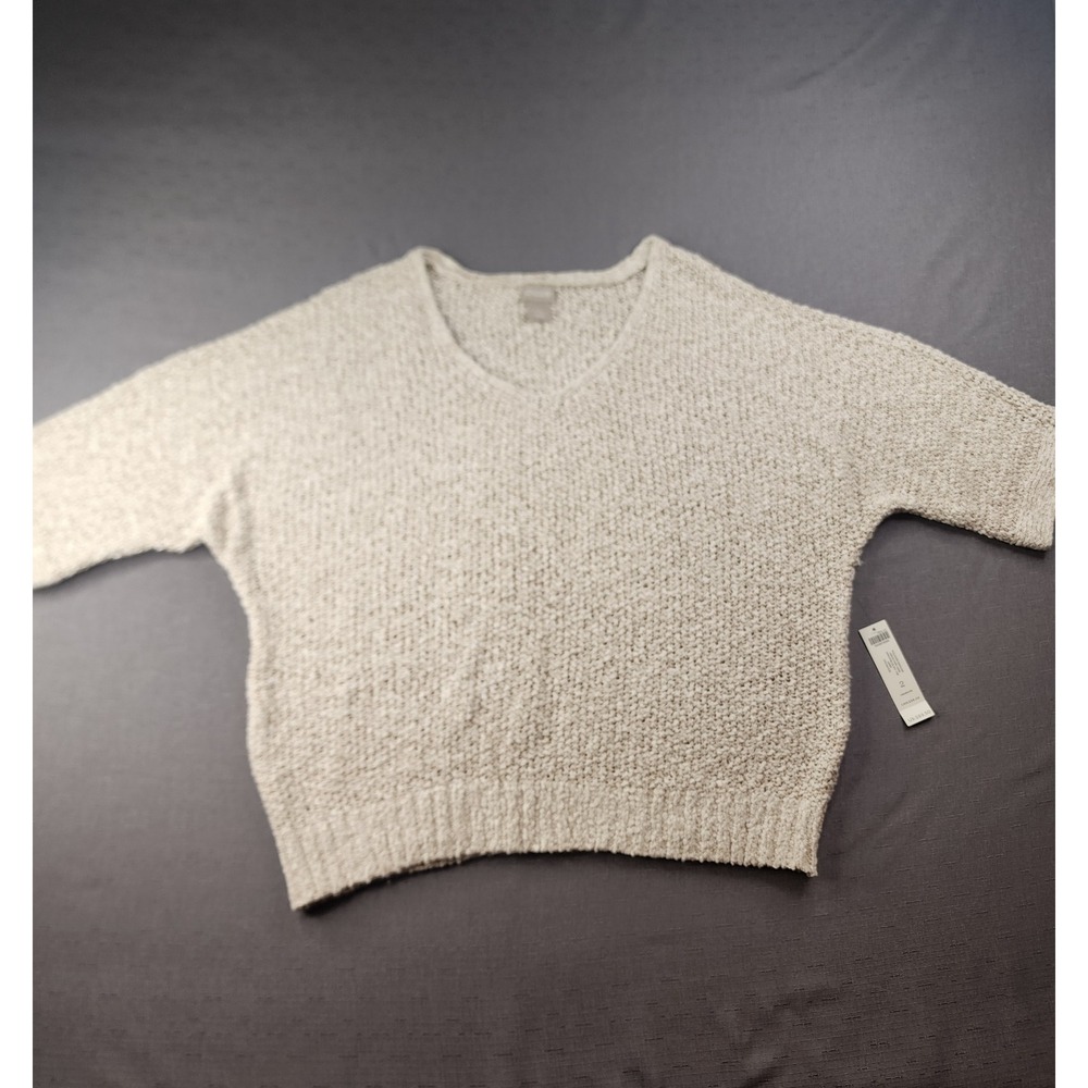 Chicos V-Neck Tape Yarn Sweater Tan Sand Cotton Linen 3/4 Sleeve Size 2 L NEW